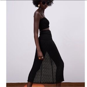 NWT Zara black knit crochet mixed combination crocheted mesh sheer midi skirt